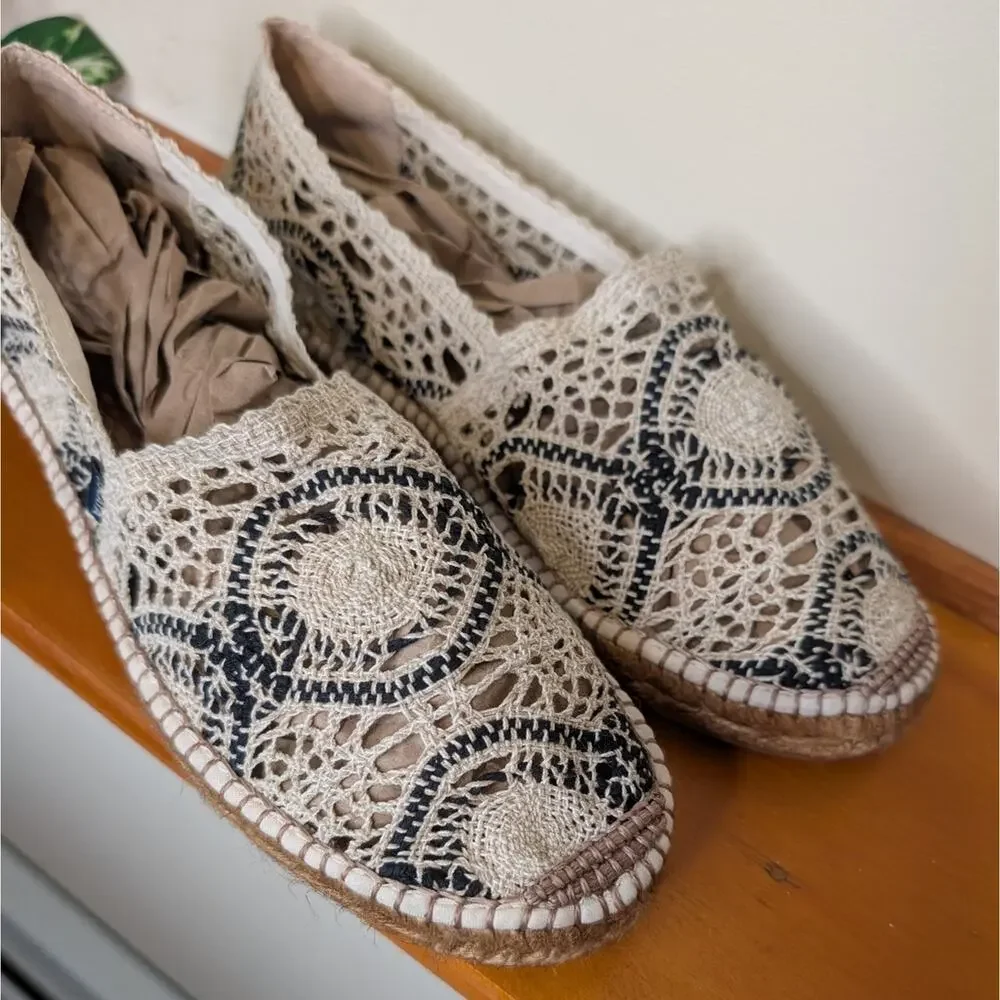 Viscata Barcelona Crochet Espadrille Flats | Natural Beige & Navy | Size 41